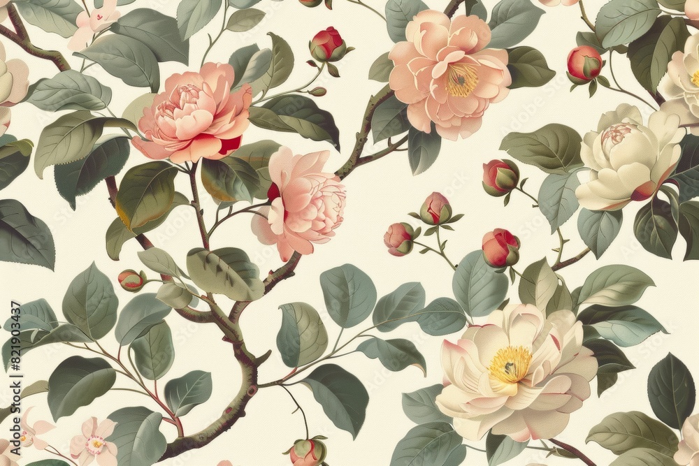 Rococo style illustration of vintage camellias, peonies and magnolia leaves on a cream background, in muted pastel colors.