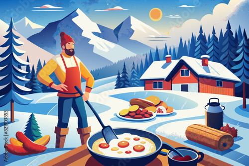 Man making fried eggs and sausages in the snow