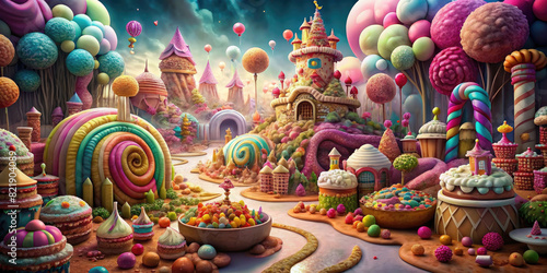 Fantasy landscape with fairy tale castle and rainbow  marshmallows stones and candies trees. Candyland concept.