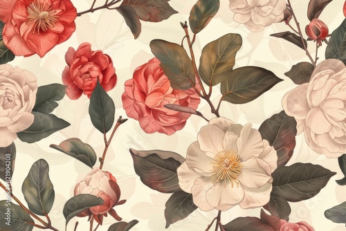 Rococo style illustration of vintage camellias, peonies and magnolia leaves on a cream background, in muted pastel colors.