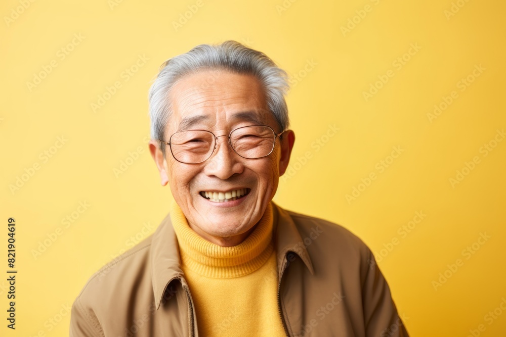 Portrait of a blissful asian man in his 80s smiling at the camera isolated in pastel yellow background Portrait of a blissful asian man in his 80s smiling at the camera isolated in pastel yellow background