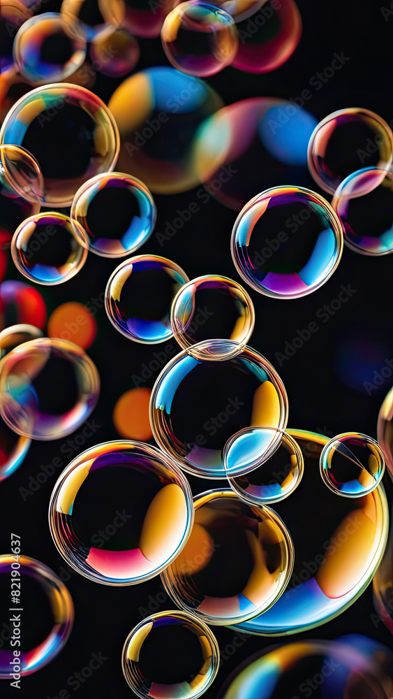 Vibrant soap bubbles float against a dark backdrop, their iridescence adding a mesmerizing touch to abstract background designs Vibrant soap bubbles float against a dark backdrop, their iridescence adding a mesmerizing touch to abstract background designs