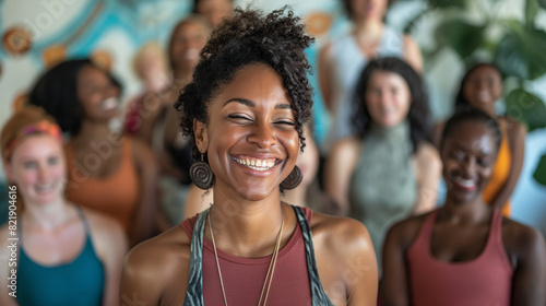 Within a dynamic yoga community, a varied assembly of women unite for yoga sessions in a collective environment charged with vitality and fellowship