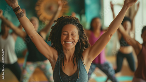 Amidst a lively yoga community, an assorted gathering of women convene for yoga practice in a communal setting brimming with liveliness and companionship photo