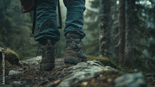 In the forest, a close-up shot zooms in on a backpack and well-worn hiking boots, their presence a testament to the spirit of exploration and adventure photo