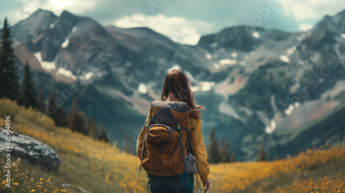 In a majestic rocky mountain landscape, a close-up captures a girl traveler hiking with her backpack, showcasing the rugged terrain and her adventurous spirit