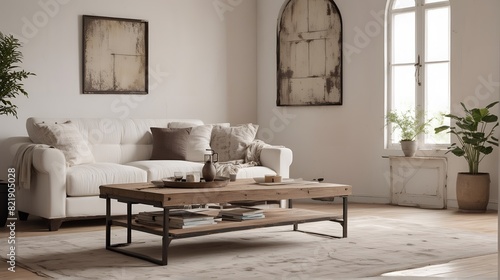 A close-up shot of the grunge old accent coffee table. Side view