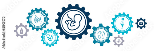Obstetrics / gynecology vector illustration. Concept with icons related to prenatal diagnostic medical exam, pregnancy & maternity health care, childbirth / delivery preparation, midwifery. photo