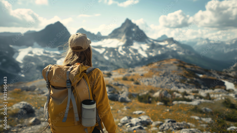 Majesty of rocky mountain peaks, a close-up shot highlights a girl traveler hiking with her backpack, against the vast landscape