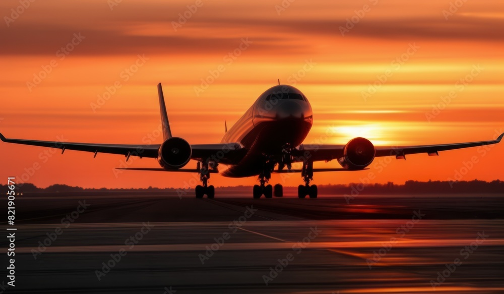 Fototapeta premium Airplane with four engines flying arrival landing on a runway in the evening during a bright red sunset