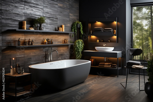 Cozy interior of bathroom in black coor in modern house.