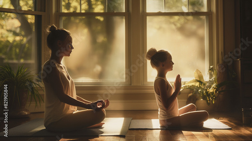 a peaceful corner of their home, a mother and daughter engage in a joyful yoga session together, their bodies moving in synchrony as they explore various poses photo