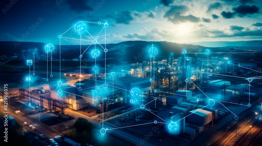 Modern industrial area aerial view and cloud computing concept. Communication network. INDUSTRY 4.0. Factory automation Modern industrial area aerial view and cloud computing concept. Communication network. INDUSTRY 4.0. Factory automation