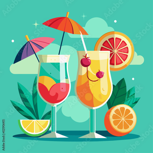"Illustration of various tropical drinks with fruits and umbrellas. Design for posters, banners, print.