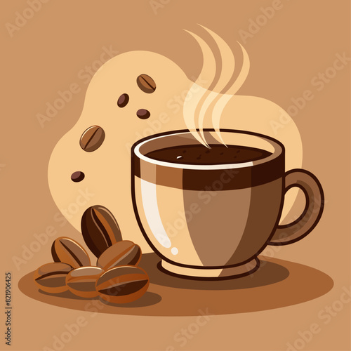 Illustration of a steaming coffee cup with coffee beans on a brown background. Design for posters, banners, print.