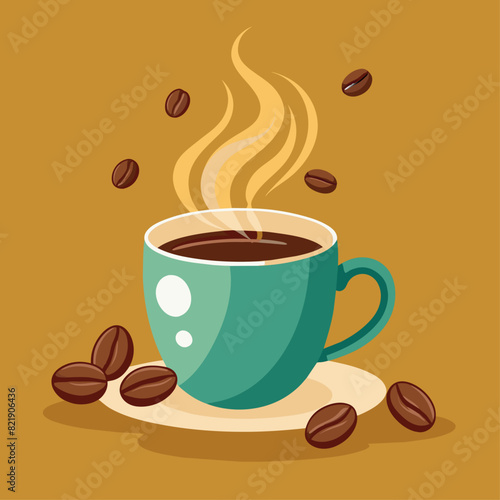 Illustration of a steaming coffee cup with coffee beans on a brown background. Design for posters, banners, print.