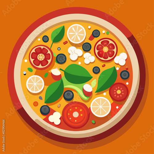 create-a-vector-illuIllustration of a pizza with various toppings on a blue background. Design for posters, banners, printstration-of-a-pizza-with-vario.svg