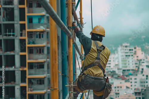 The man worker climbing at construction site with hel 8f1fe391-42fd-4d4b-8f3b-87131d478b68 0