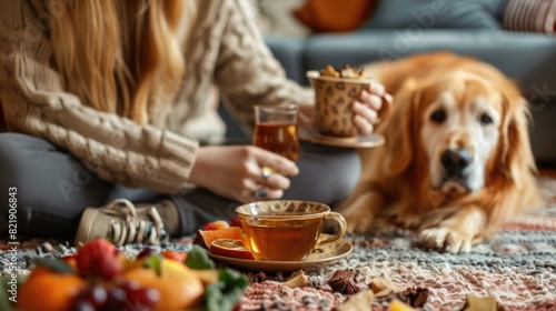 Lifestyle With Tea. Woman enjoying Healthy Breakfast at Home with Cute Dog