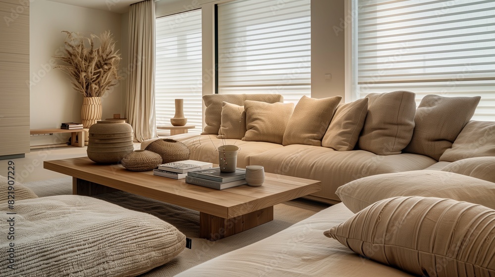 Fototapeta premium A sleek living room with a neutral color palette