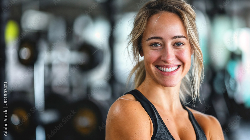 Obraz premium A smiling woman in sportswear stands against the backdrop of a fitness club. Person after training in a Gym 