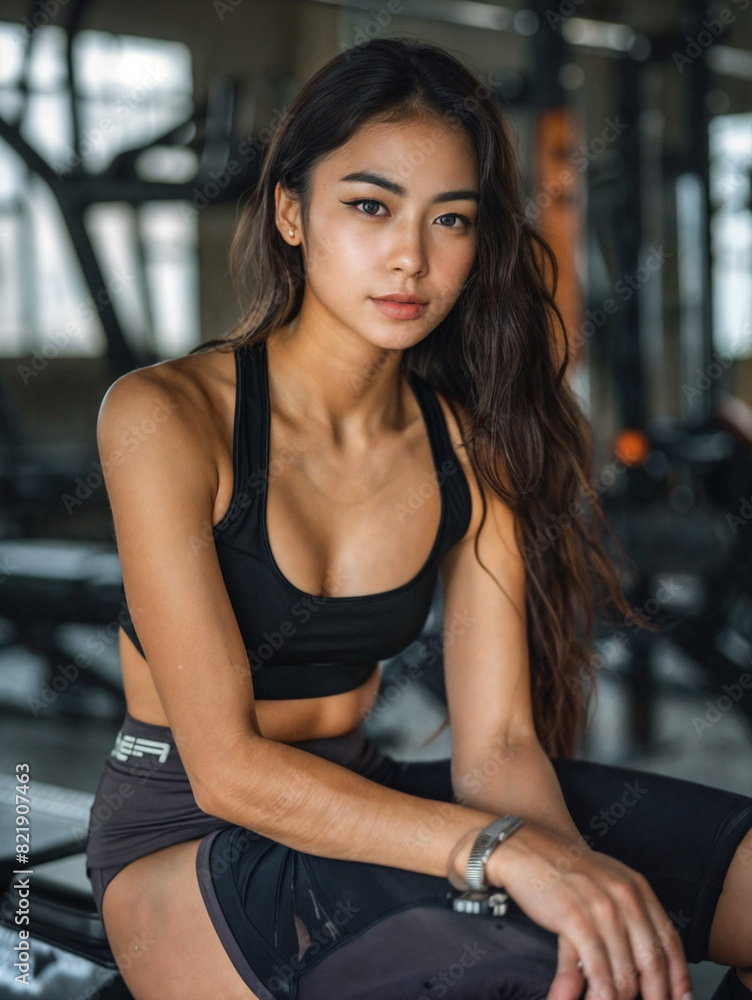 A young woman in sportswear stands against the backdrop of a fitness club. Person after training in a Gym
