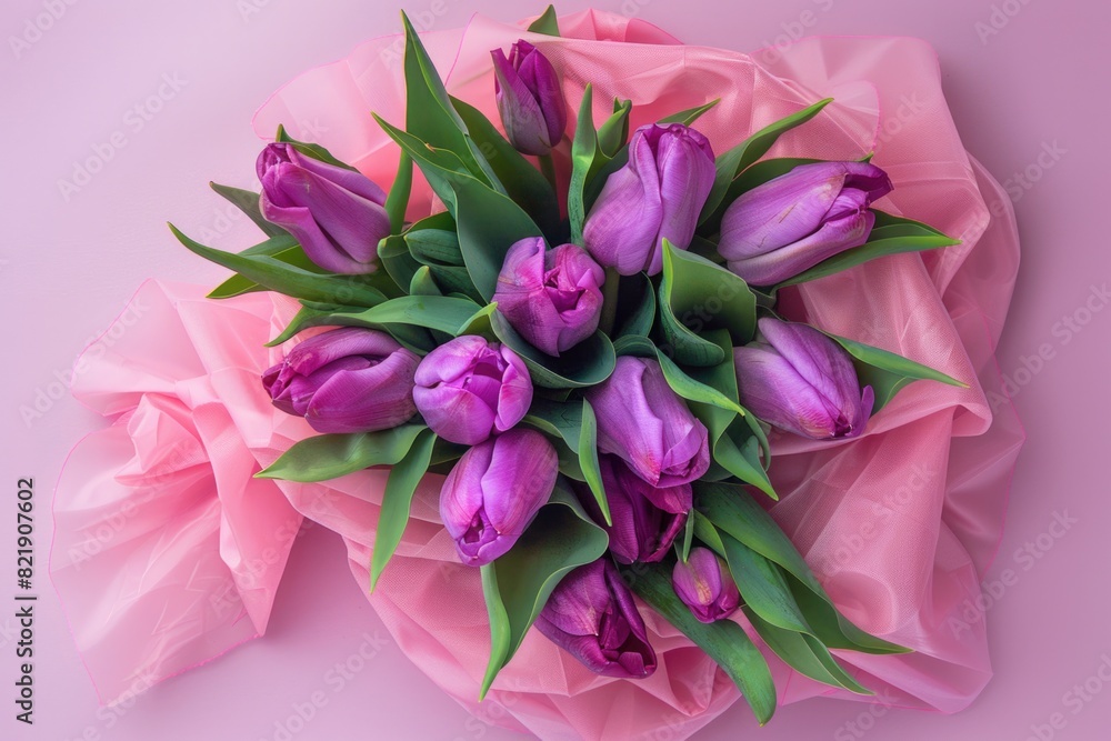 Bouquet of Tulips. Top View of Pink and Purple Tulips Wrapped in Paper Swirl on Green Background