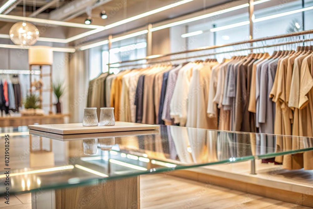 Minimalistic background for product demonstrations. A modern glass podium with a glass wall in a modern clothing store. Elegant design for product presentation. Minimalistic background for product demonstrations. A modern glass podium with a glass wall in a modern clothing store. Elegant design for product presentation.