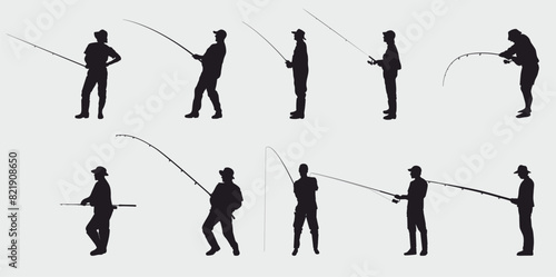 Set of fisherman silhouette. Collection of fishing man. Vector illustration of fishing hobby on white background.