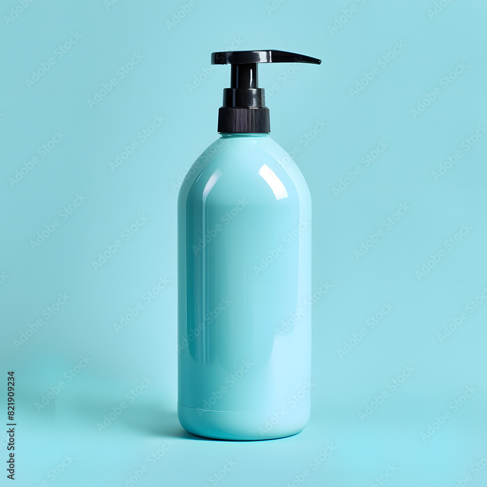 Bottle of hair shampoo with dispenser mock up isolated on tiffany blue background Bottle of hair shampoo with dispenser mock up isolated on tiffany blue background