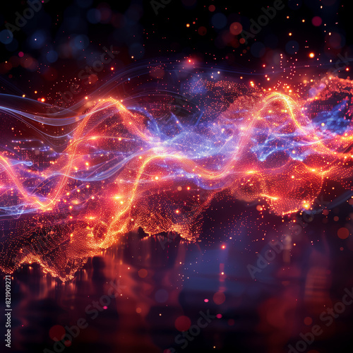 Abstract waves background, synth waves and light particles and dust on dark background, abstract concept inspired by technology and informatics