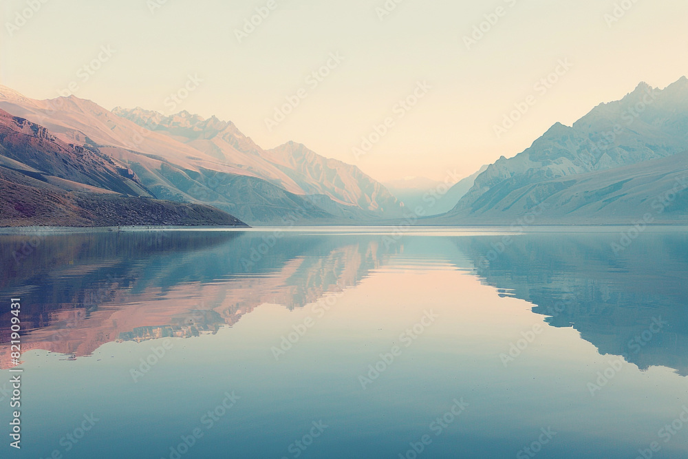The serenity of a glassy lake is amplified by the soft, warm light of dawn illuminating a pristine mountain range 