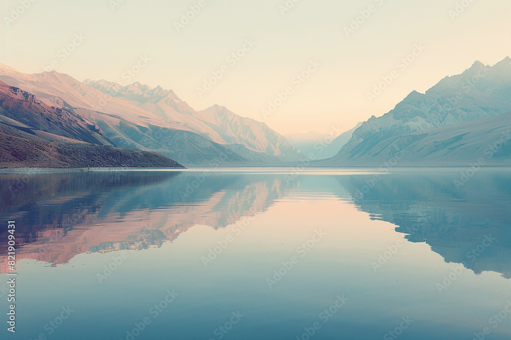 The serenity of a glassy lake is amplified by the soft, warm light of dawn illuminating a pristine mountain range The serenity of a glassy lake is amplified by the soft, warm light of dawn illuminating a pristine mountain range
