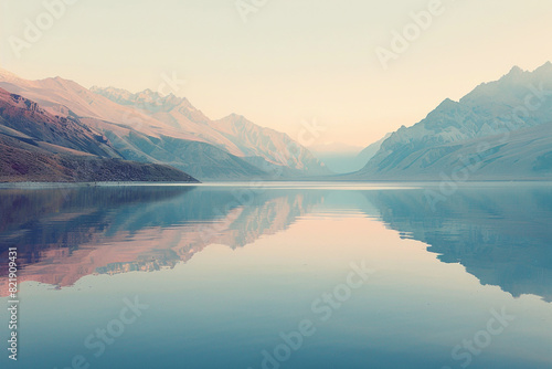 The serenity of a glassy lake is amplified by the soft  warm light of dawn illuminating a pristine mountain range 