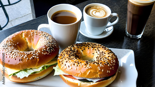 Bagels with cream cheese and cup of coffee  New York style breakfast with bagels  bagels  ai generated
