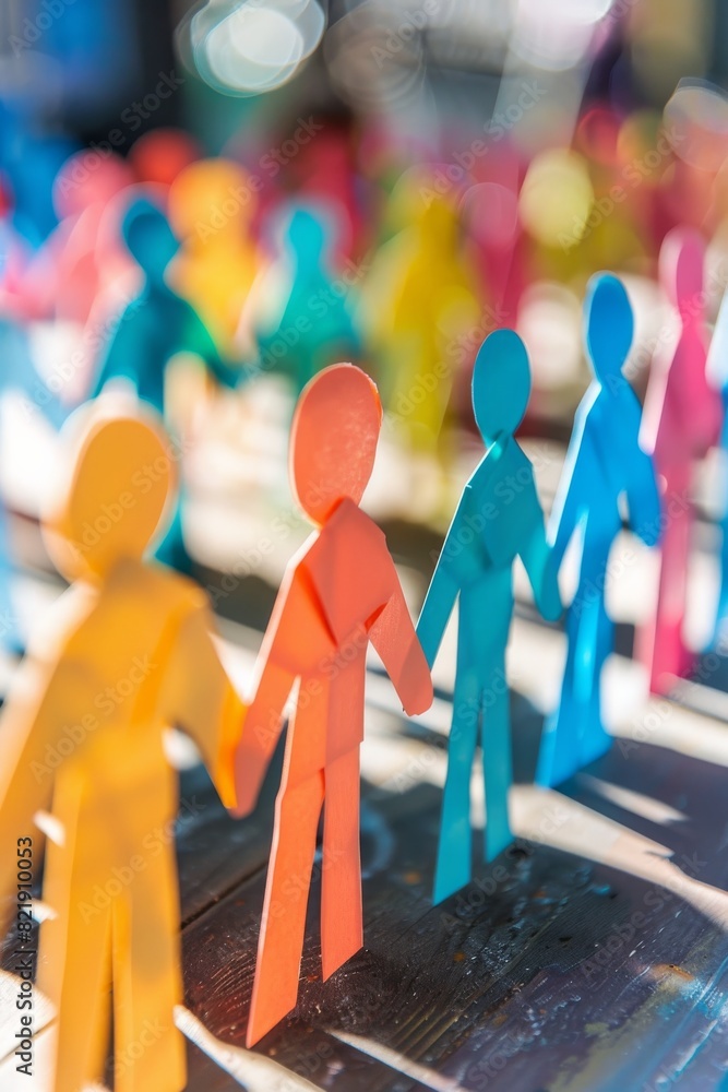 © Vesovic - Vibrant paper cutouts of human figures holding hands under bright light expressing unity, community, and cooperation © Vesovic - Vibrant paper cutouts of human figures holding hands under bright light expressing unity, community, and cooperation