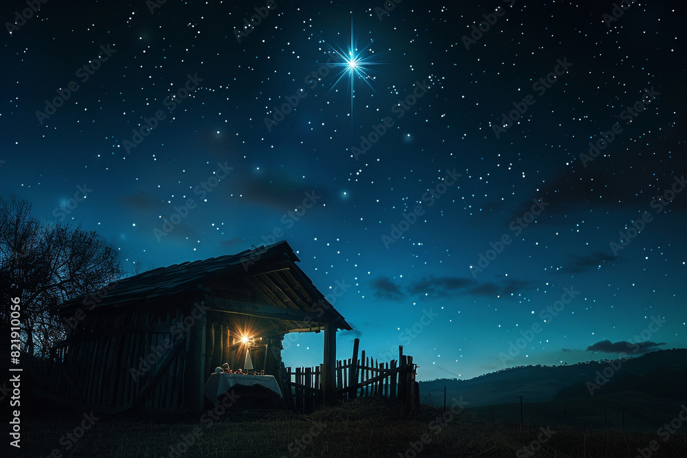 Obraz premium The star shines over the manger of Christmas of Jesus Christ Concept 