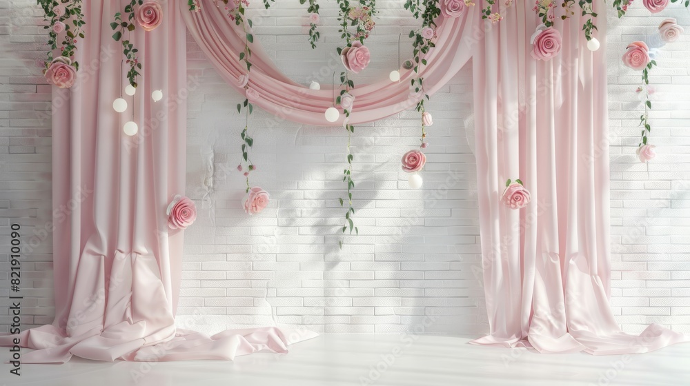 White Brick Wall With Pink Curtains and Flowers White Brick Wall With Pink Curtains and Flowers