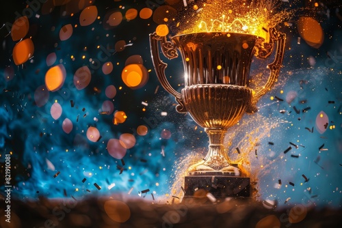 Trophy with celebratory particles and dramatic lighting