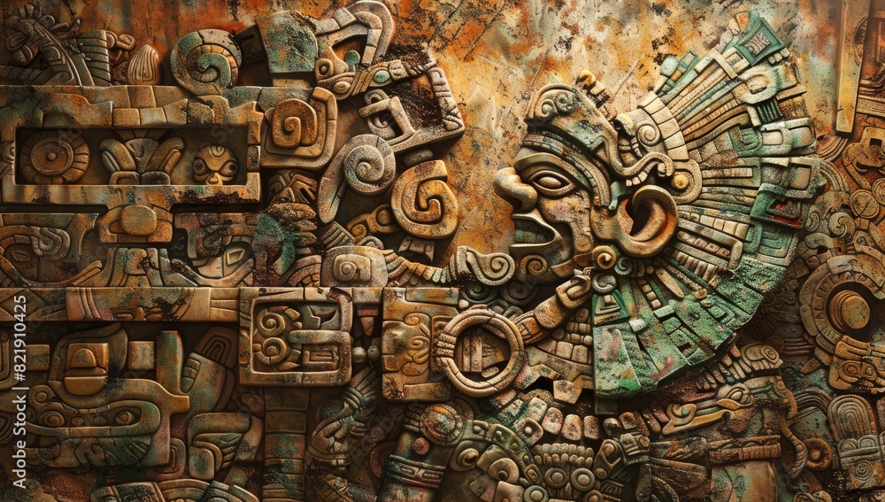Naklejka premium Intricate Aztec Warrior Relief in Copper Tones