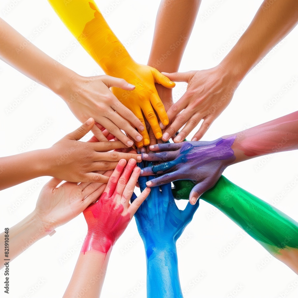 Fototapeta premium Multiple hands in a unity gesture painted in vibrant colors, symbolizing teamwork and diversity