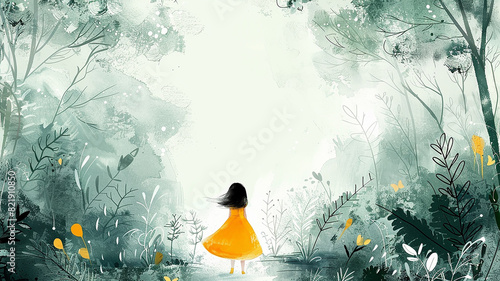 A girl walks through the forest among grass, trees and flowers, a child's drawing in watercolor paint