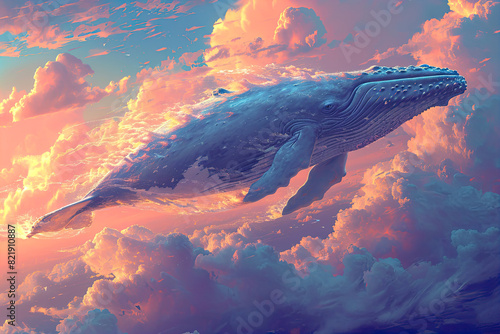 Whale flying in the clouds. Fantasy art.