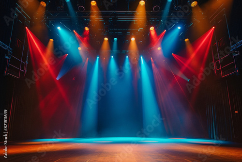 Theater stage setup complete with theatrical lighting The dramatic atmosphere, attention to detail, and professional design inherent to live performance spaces  photo
