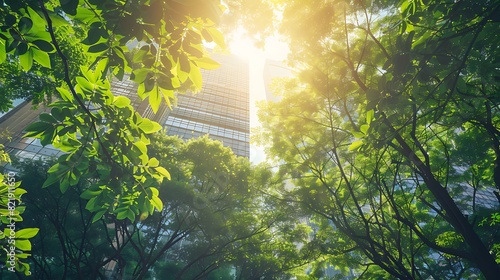 Lush green trees and sunlight in urban setting with skyscrapers © marcia47