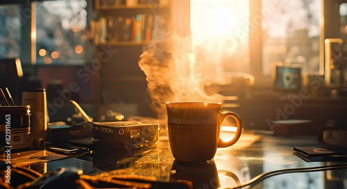  coffee mug with steam rising glitches and sunrays shining upon it, set over a glass table with gaming gear in the background. The scene is soft and romantic, akin to animated gifs and a sketchpad aes photo