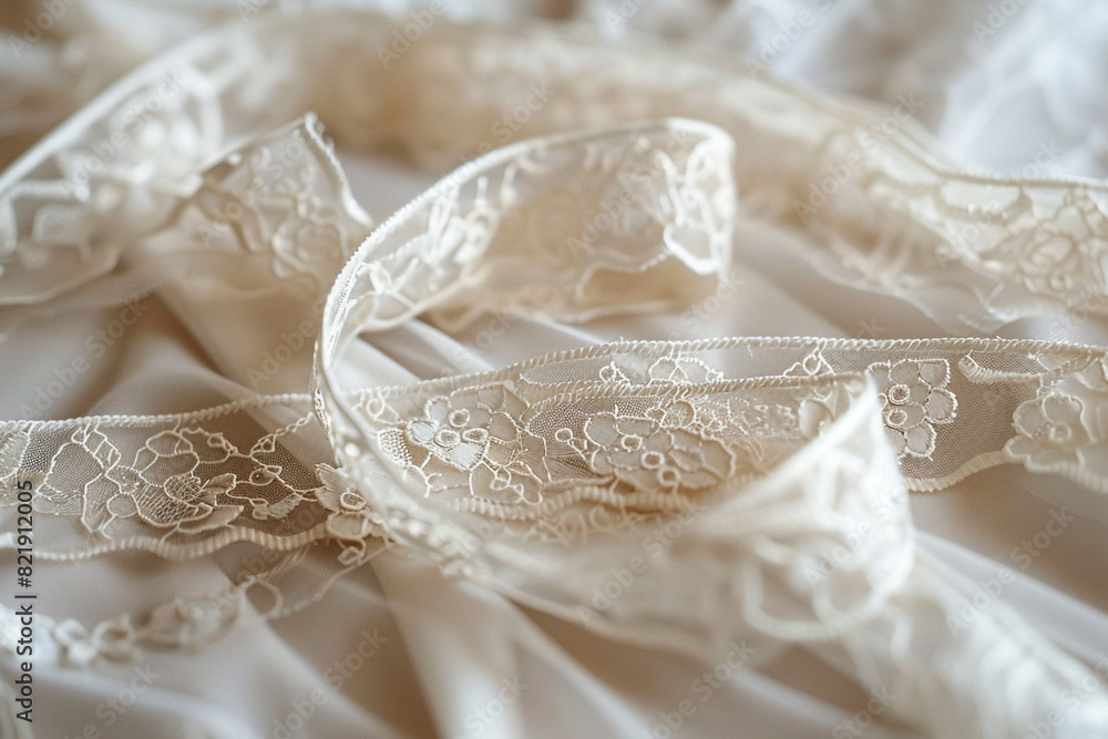 Thin, delicate lace ribbon, intricate patterns, soft focus on white vintage charm and grace 