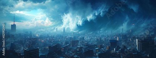 Huge tsunami wave destroying modern city. Great earthquake. Effect of global warming and climate change. Weather and dangerous natural disaster concept. Illustration for background, banner, wallpaper