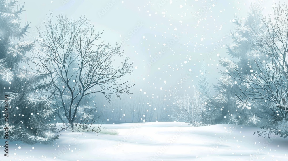 Snowy Landscape With Trees and Snow Flakes Snowy Landscape With Trees and Snow Flakes