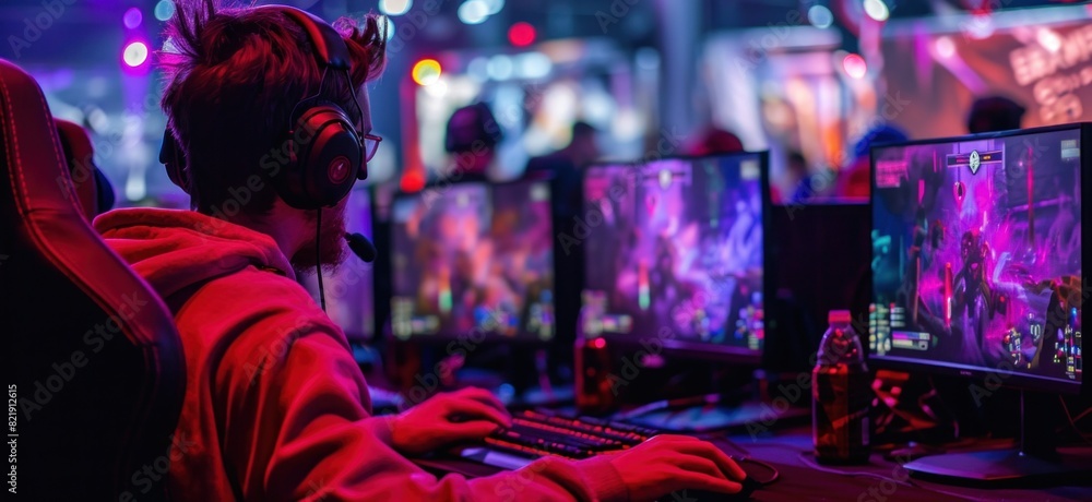 Naklejka premium Professional Gamer Playing First-Person Shooter Online Video Game on His Powerful Personal Computer